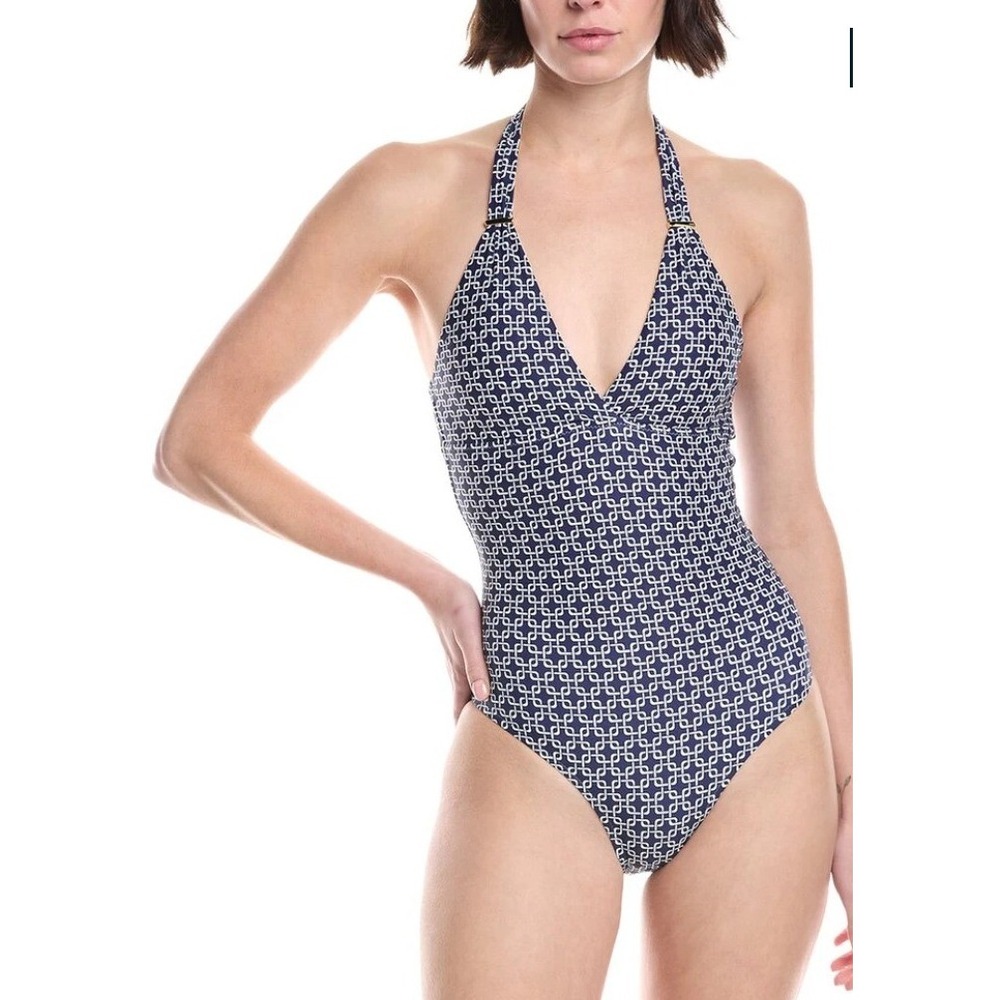 Melissa Odabash Rimini One Piece Swimsuit Navy Links Halter Gold Hardware‎ NWT